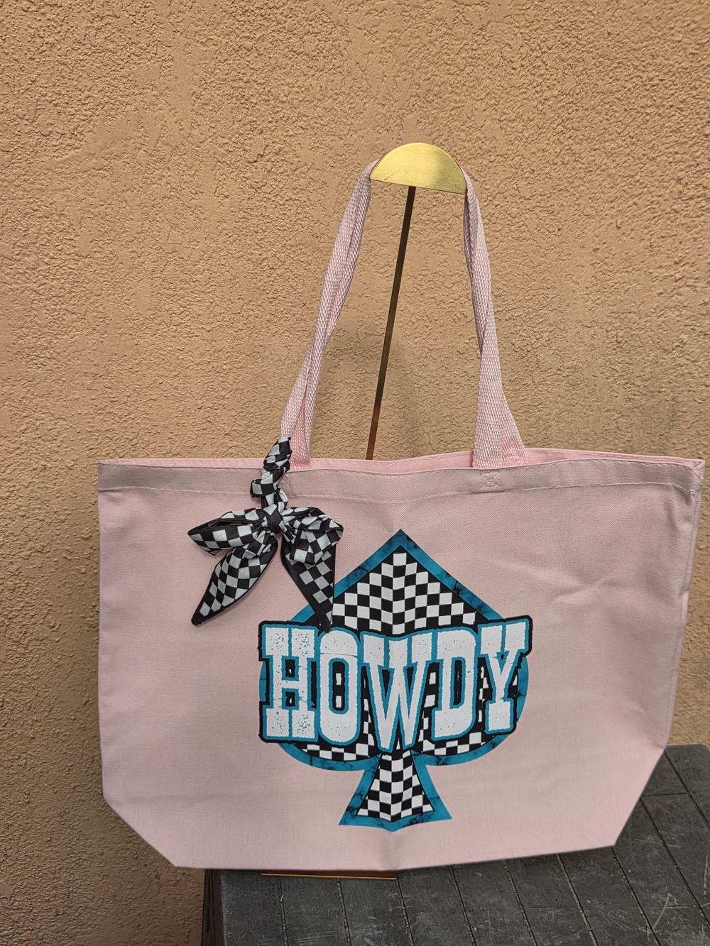 Pink 'Howdy' Tote Bag with Checker Accent